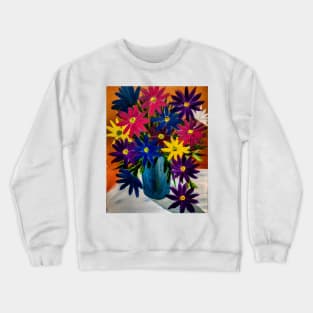 A lovely boutique of abstract vibrant bright colorful  flowers in a tall turquoise glass vase Crewneck Sweatshirt